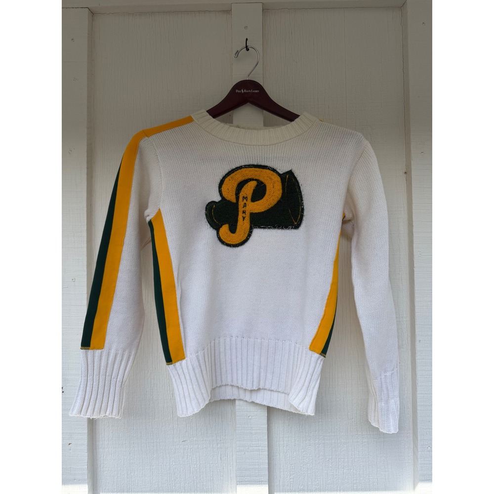 Vintage Stacys Locker Room Letterman Sweater Cream Green Yellow Patch Size 36
